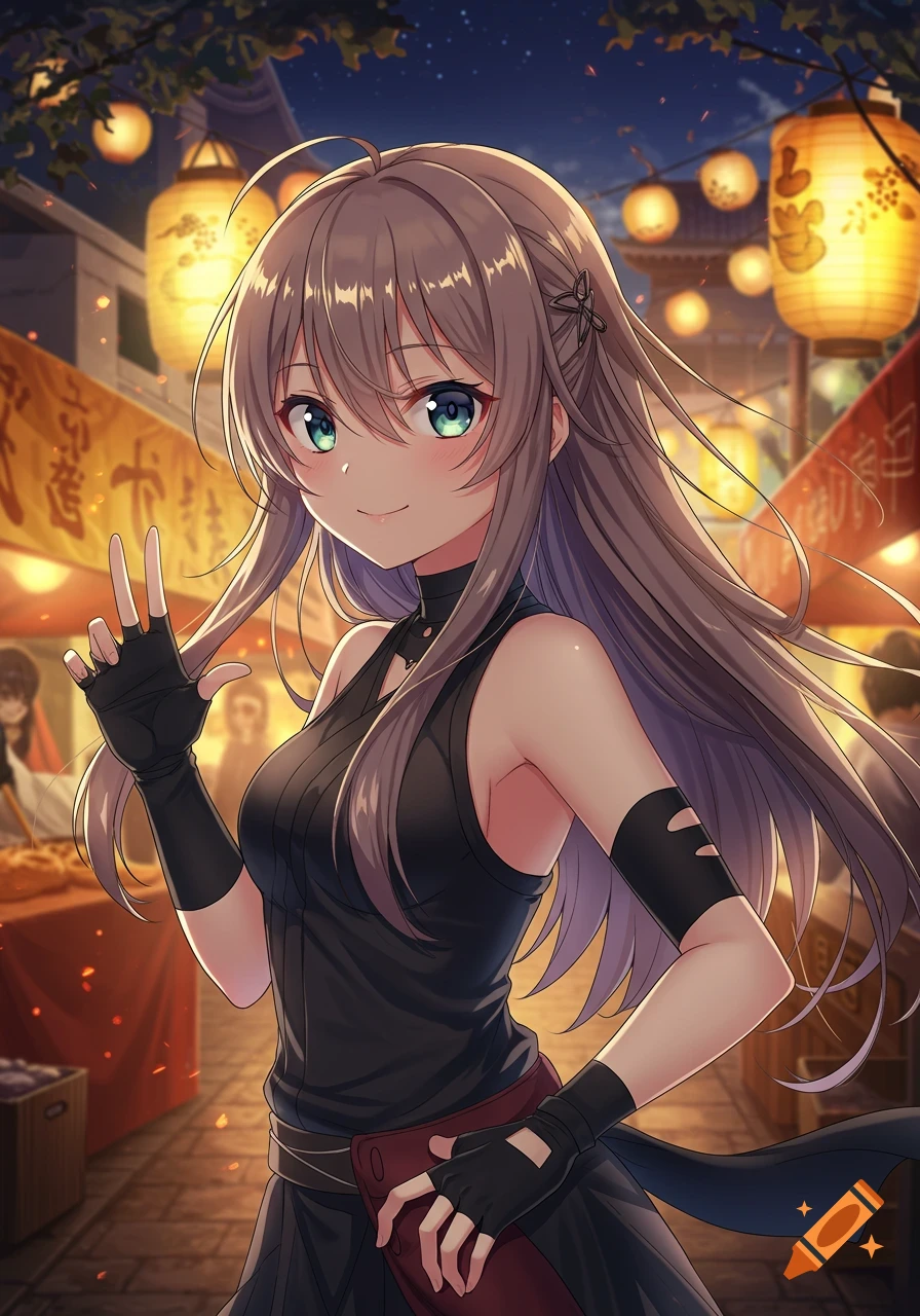 An anime girl with long brown hair and green eyes, wearing a black sleeveless top and gloves, makes a peace sign in a vibrant night market lit by paper lanterns.