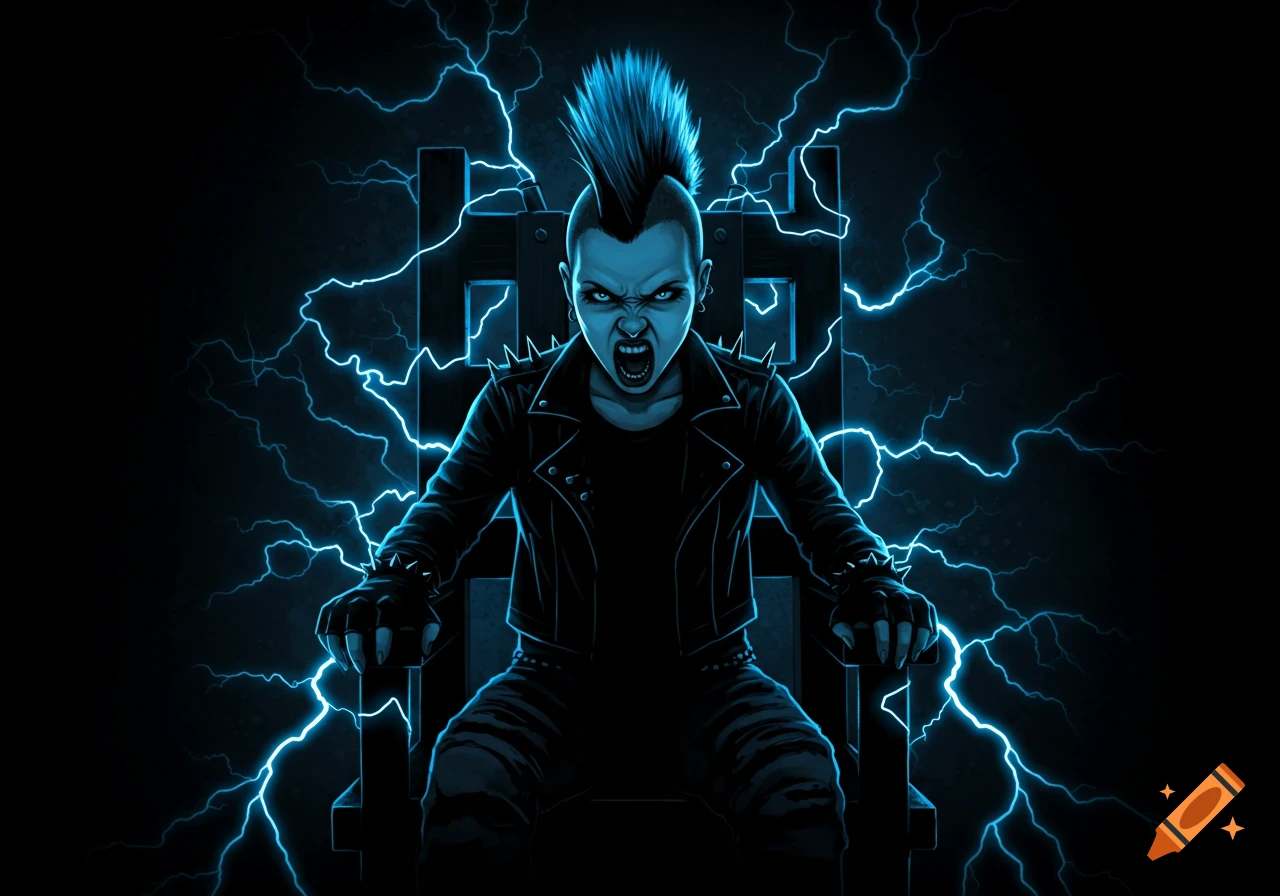 Stylized illustration of a snarling punk rock figure in an electric chair surrounded by electric blue lightning on a black background.