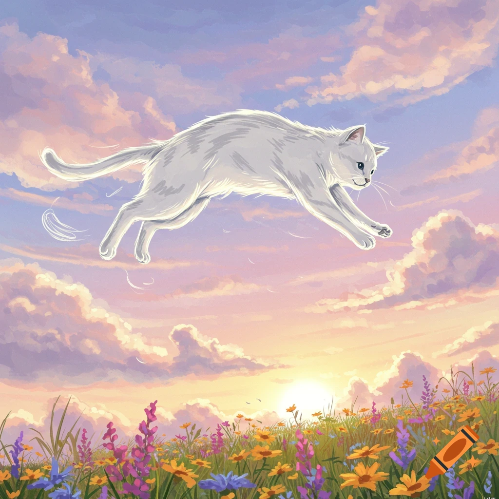 An illustrative white cat leaps through a pastel sky filled with clouds above a field of colorful wildflowers.