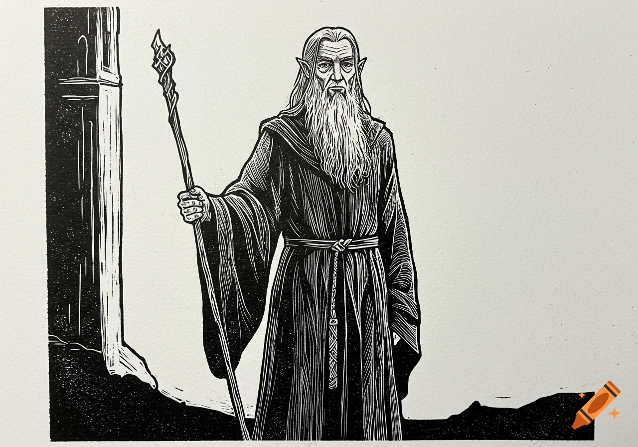 Monochrome linocut of a stern, long-bearded wizard, resembling Saruman, in a dark robe, holding a staff.