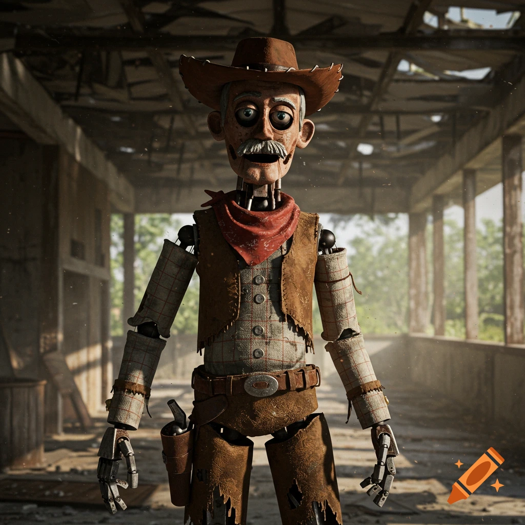 A detailed, realistic image of an old, withered animatronic cowboy in a brown hat and tattered clothes, standing in a decayed building.