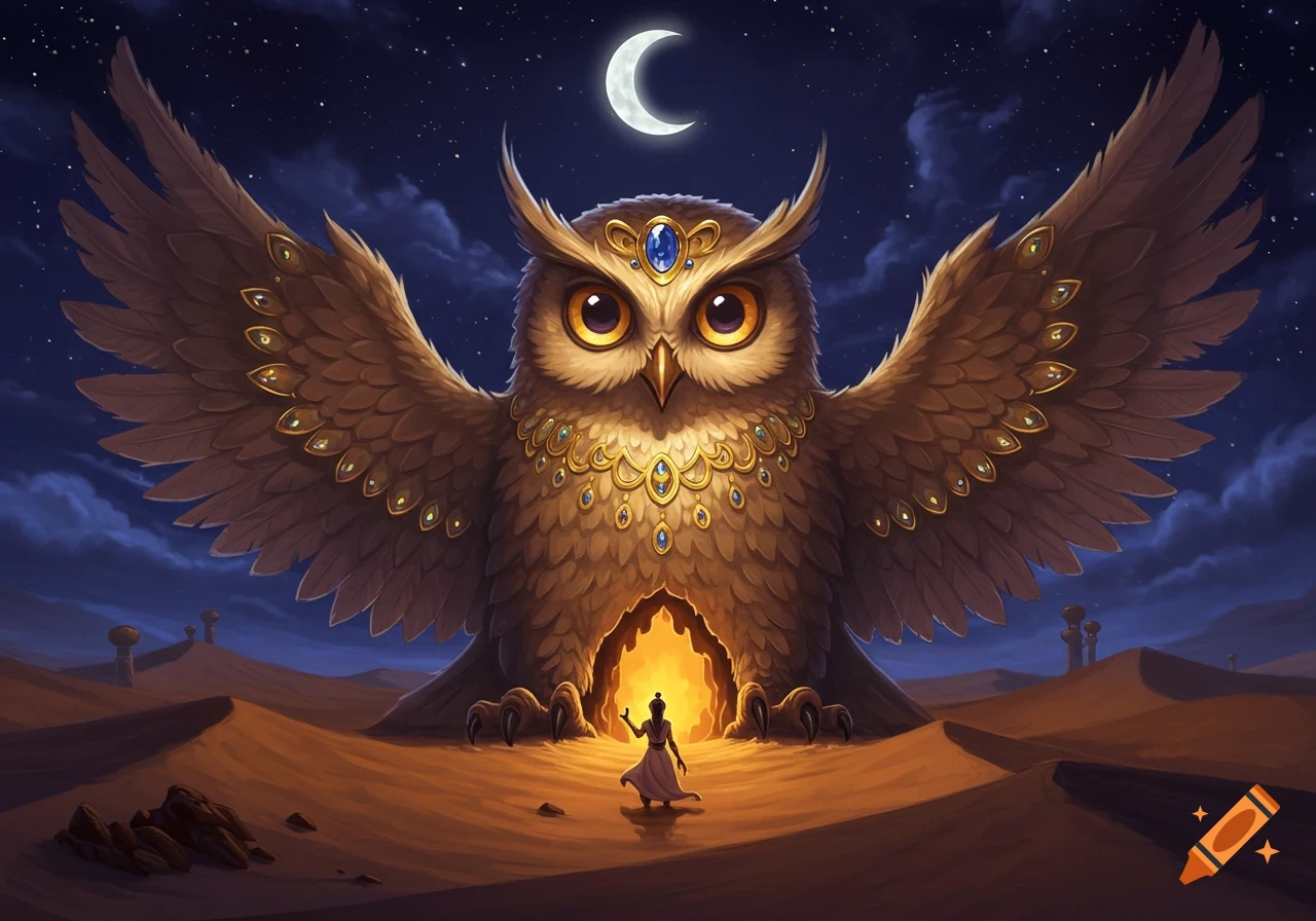 A small person approaches a giant, ornate, owl-shaped cave of wonders in a desert under a crescent moon and starry night.