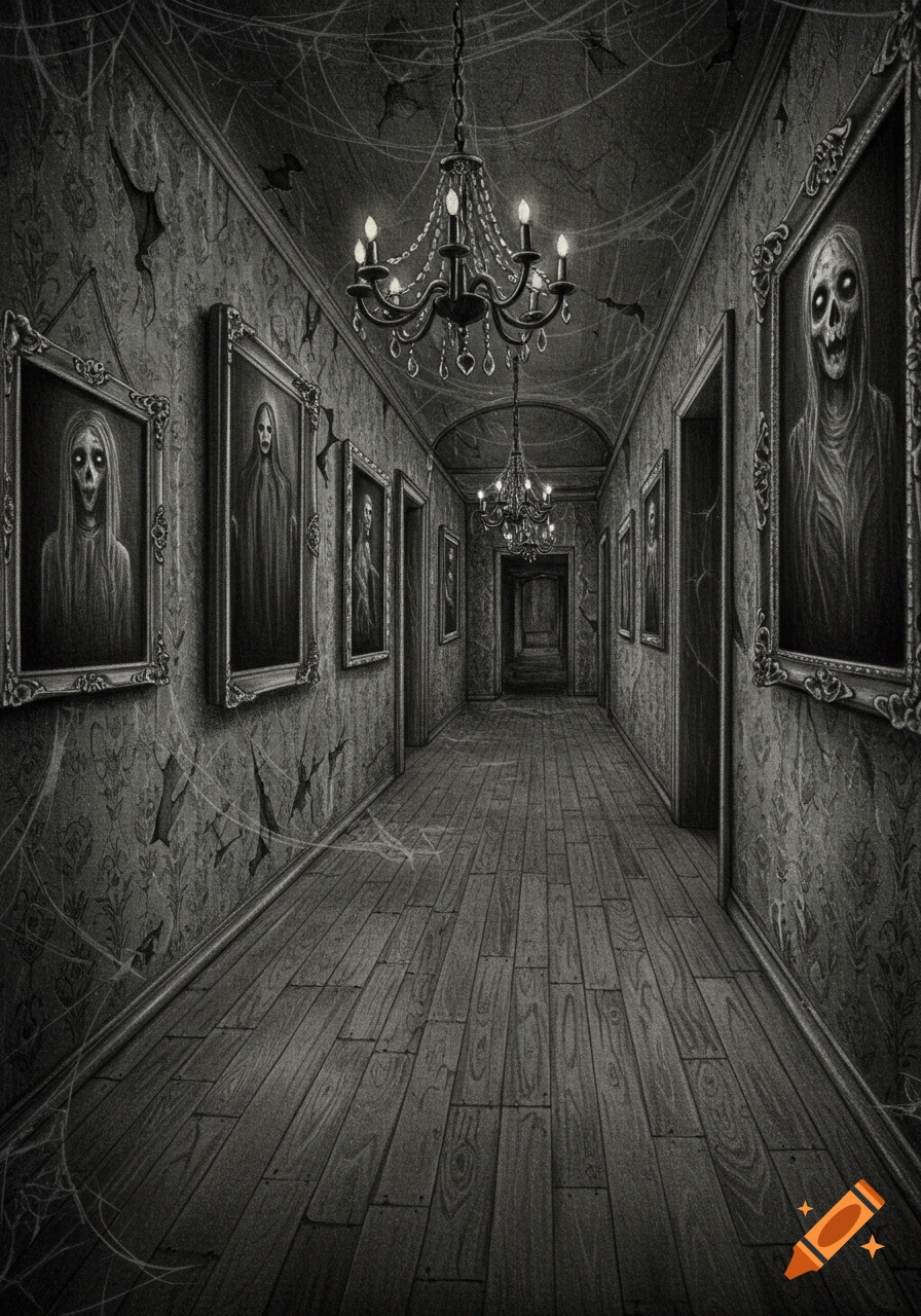 A monochrome drawing of a spooky haunted house hallway with chandeliers, cobwebs, and portraits of ghoulish figures.
