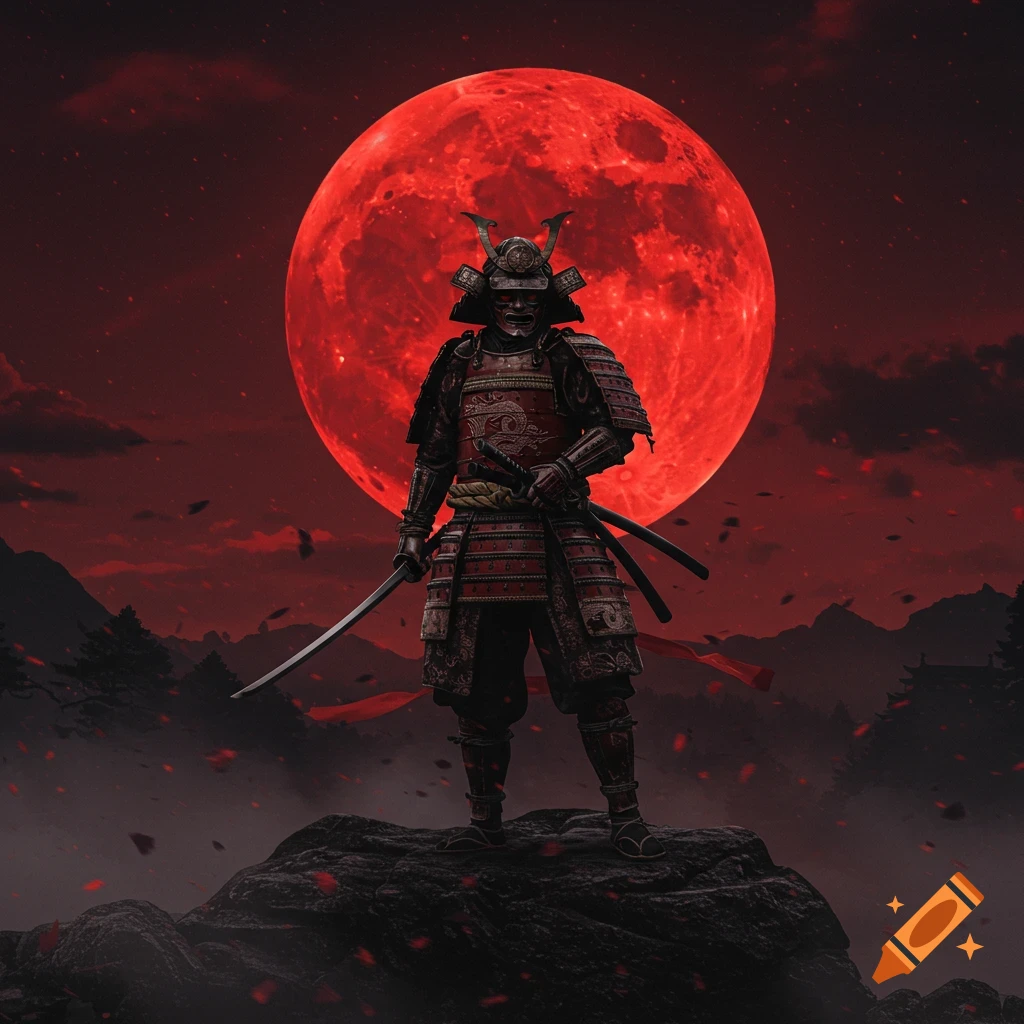 A formidable samurai in red and black armor stands with a katana on a rock under a giant red blood moon.