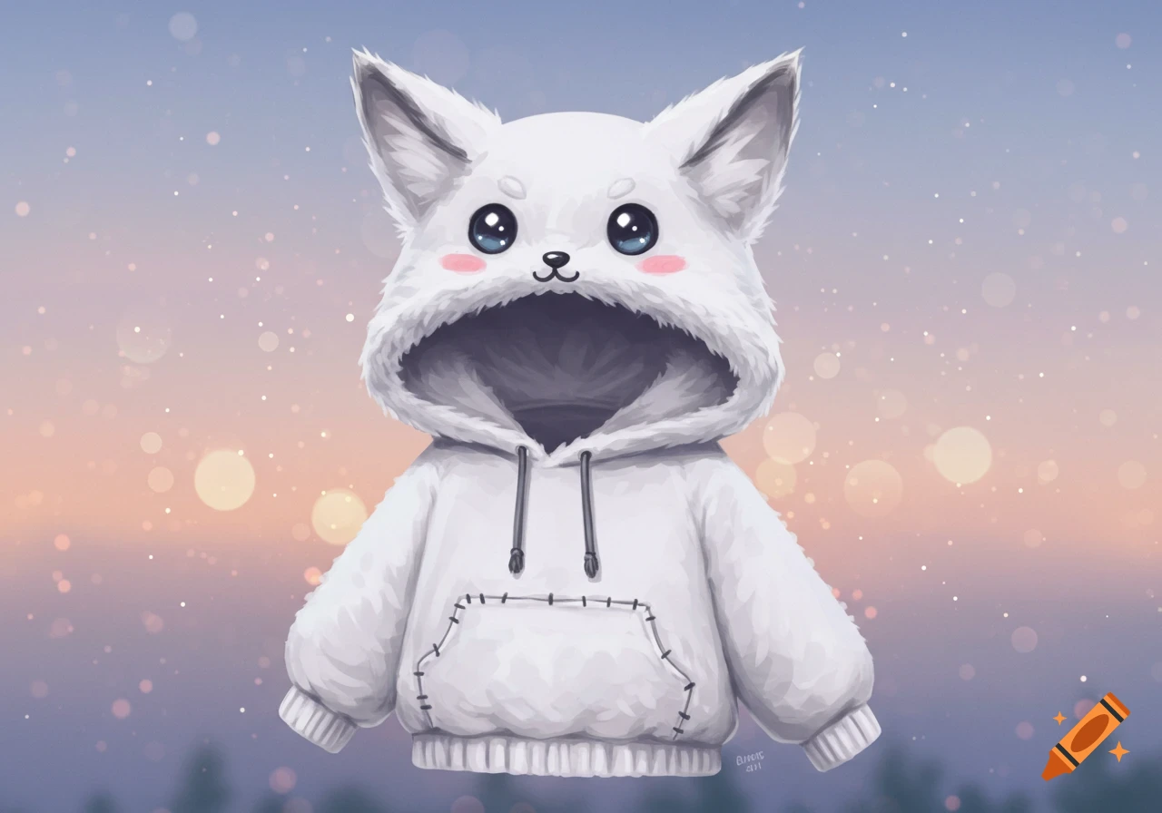 A cute white fox hoodie with big blue eyes, pink cheeks, and fluffy ears, floating against a soft purple and orange bokeh background in a cartoon style.