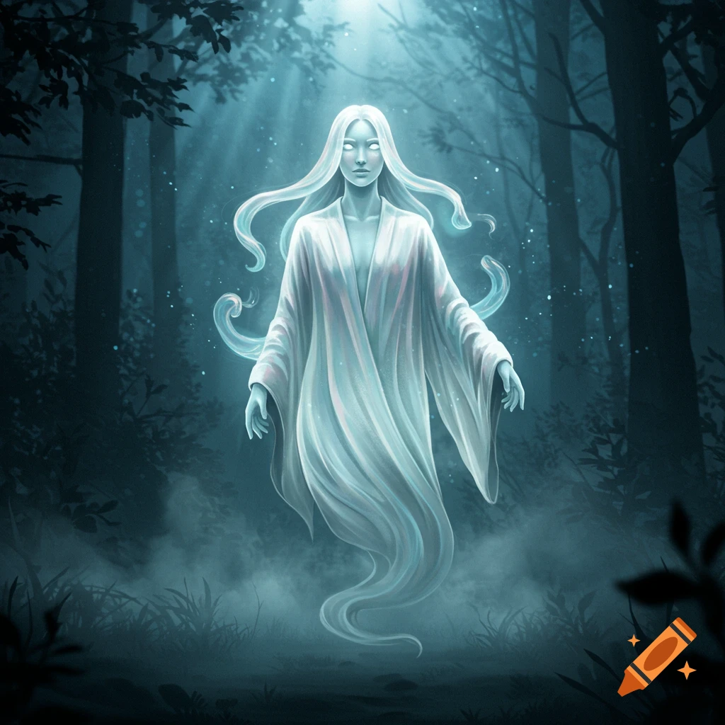An ethereal, glowing female ghost with long white hair floats in a dark, misty forest illuminated by faint light rays.