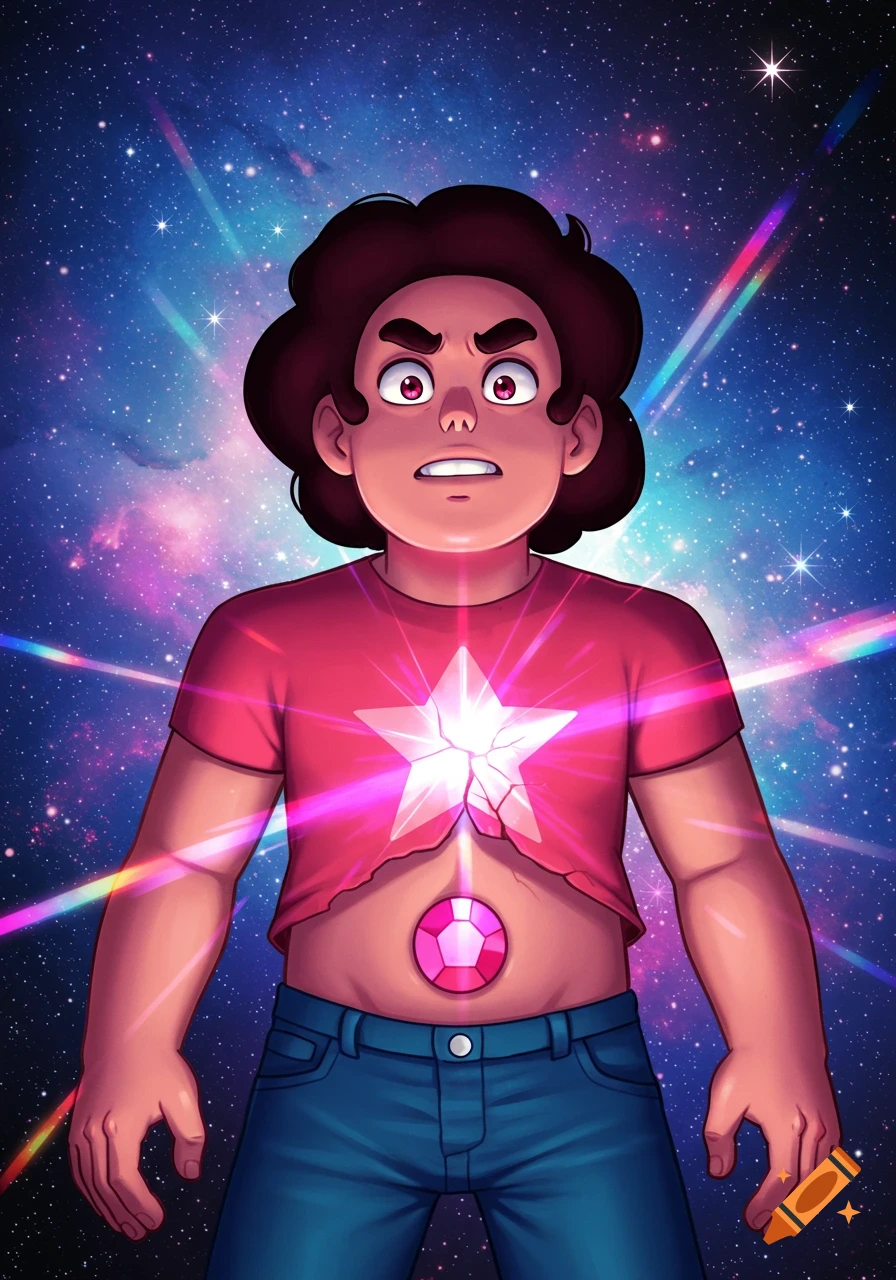 Cartoon boy Steven Universe looks surprised, a glowing pink cracked star on his chest and a pink gemstone on his navel, against a vibrant galaxy background.