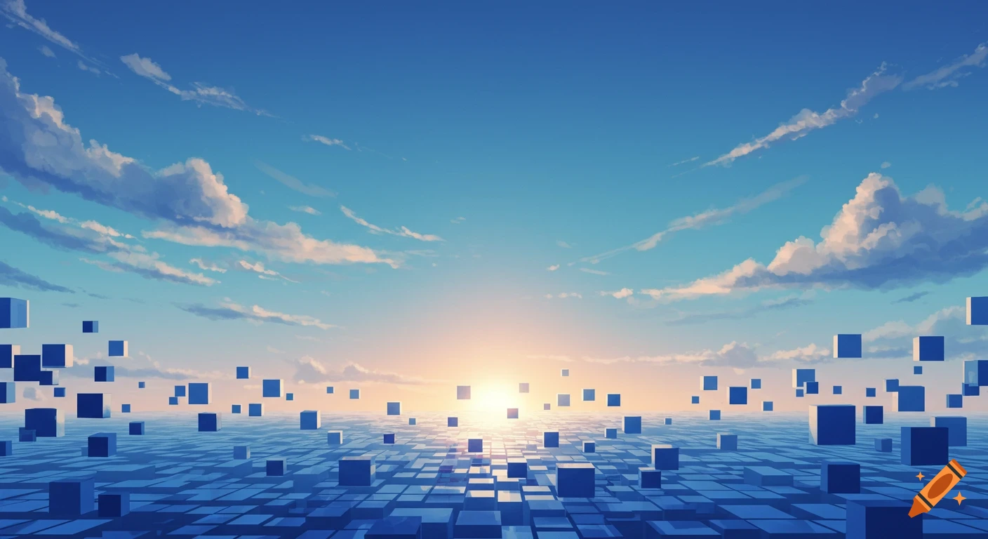 An abstract digital landscape with a blue grid-like surface, numerous floating blue cubes, and a bright sky with scattered clouds at sunrise.