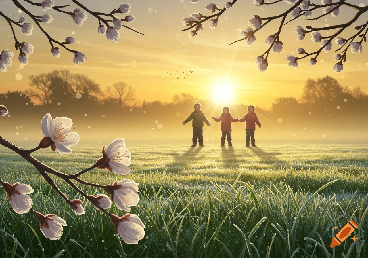 Three children stand in a misty, grassy field at sunrise, with flowering branches in the foreground. Illustrative style.