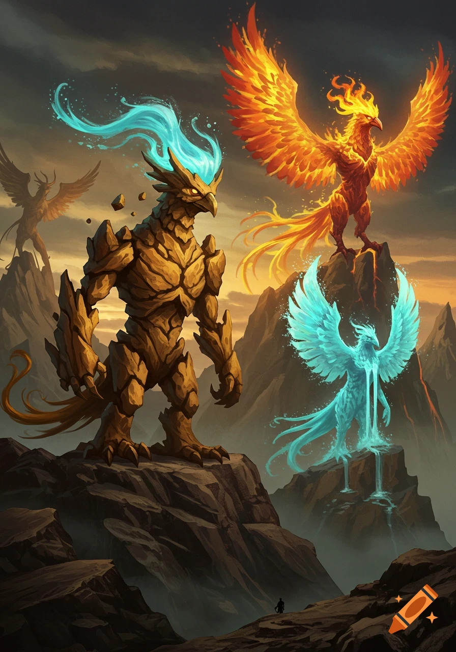 Epic elemental bird-monsters made of rock, fire, and water stand on rocky peaks in a fantasy landscape with a small figure.