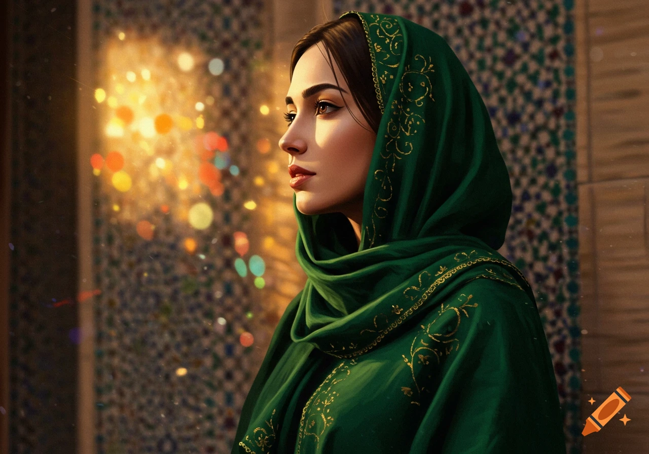 Photorealistic portrait of a woman in a green, gold-embroidered hijab looking left, with bokeh lights and patterned tiles in the background.