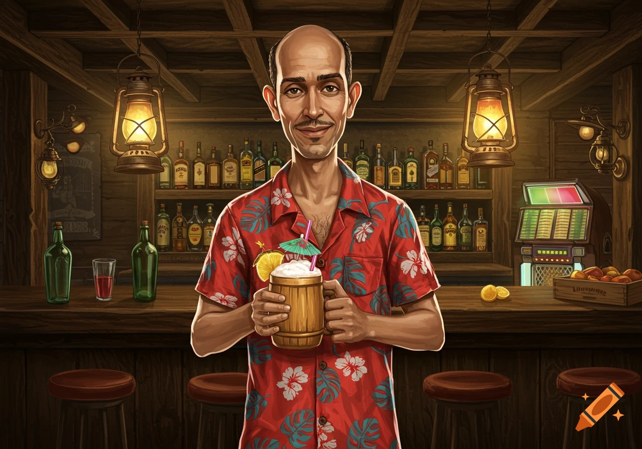 A bald man in a Hawaiian shirt smiles while holding a frothy cocktail in a rustic bar with glowing lanterns and bottles.