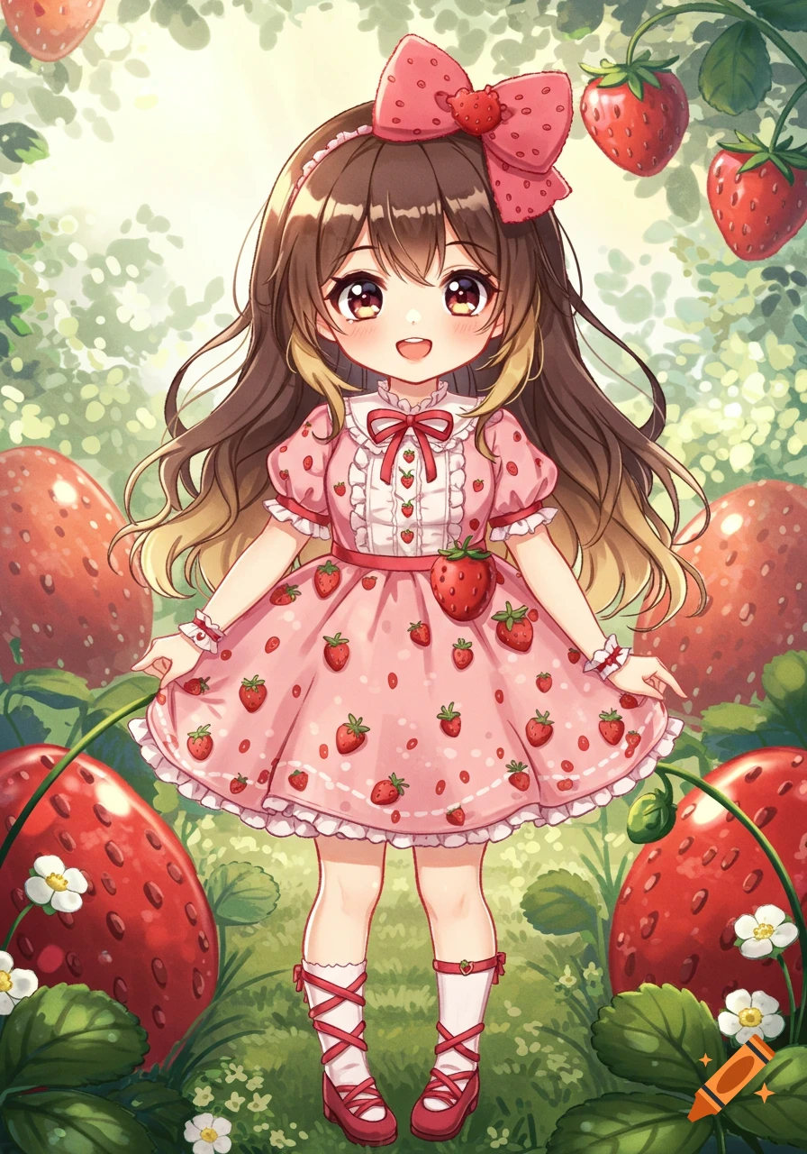 Cute anime kawaii girl in a pink strawberry dress, smiling amidst giant strawberries in a garden.