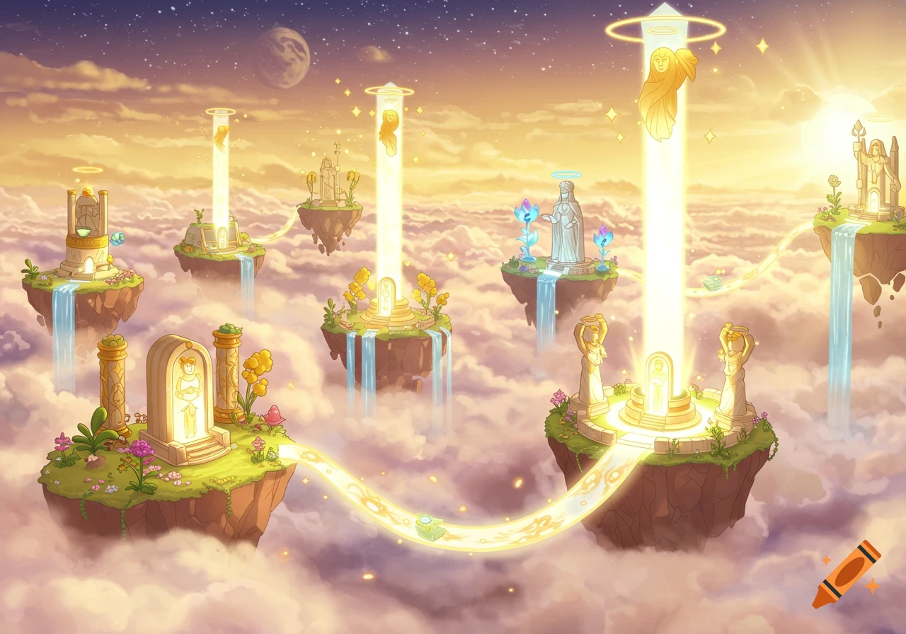 Cartoon illustration of a celestial realm with multiple floating islands, each featuring a temple-like structure with glowing figures and light beams ascending to a starry sky, surrounded by clouds at sunset.