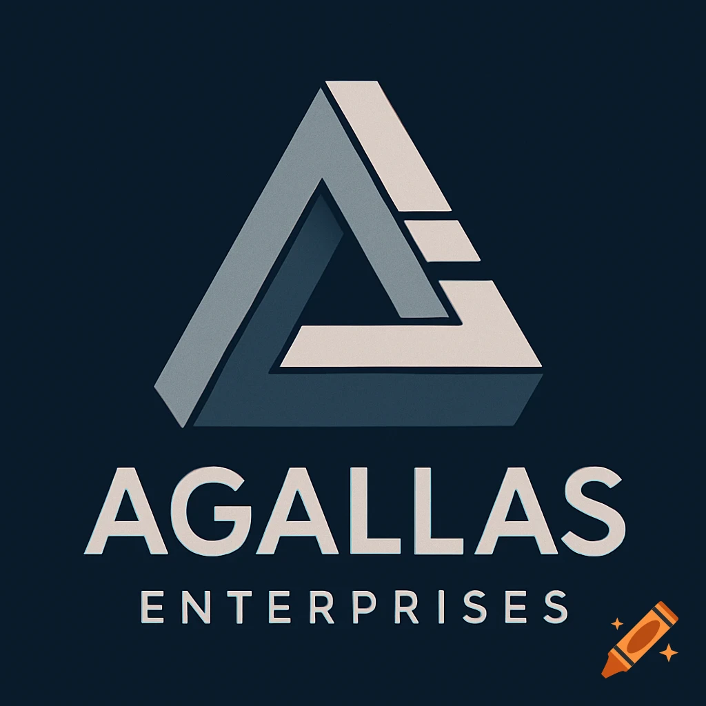 A modern corporate logo for Agallas Enterprises with an abstract grey and beige Penrose triangle forming an 'A' and 'E' on a dark blue background.