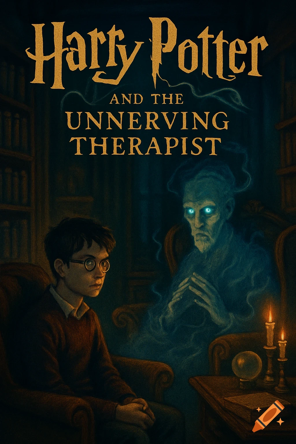 Illustrated book cover of Harry Potter consulting a glowing blue ghost therapist in a dim room with a title.