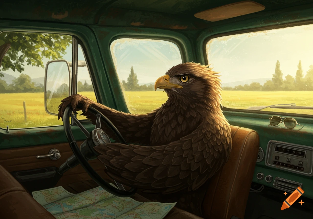 A brown eagle with yellow eyes drives an old green pickup truck down a country road, an open map on its lap.