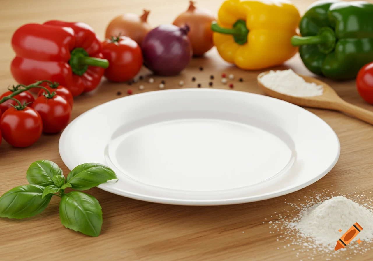 Empty white plate surrounded by fresh bell peppers, tomatoes, onions, basil, flour, and a wooden spoon on a wooden table, photorealistic.