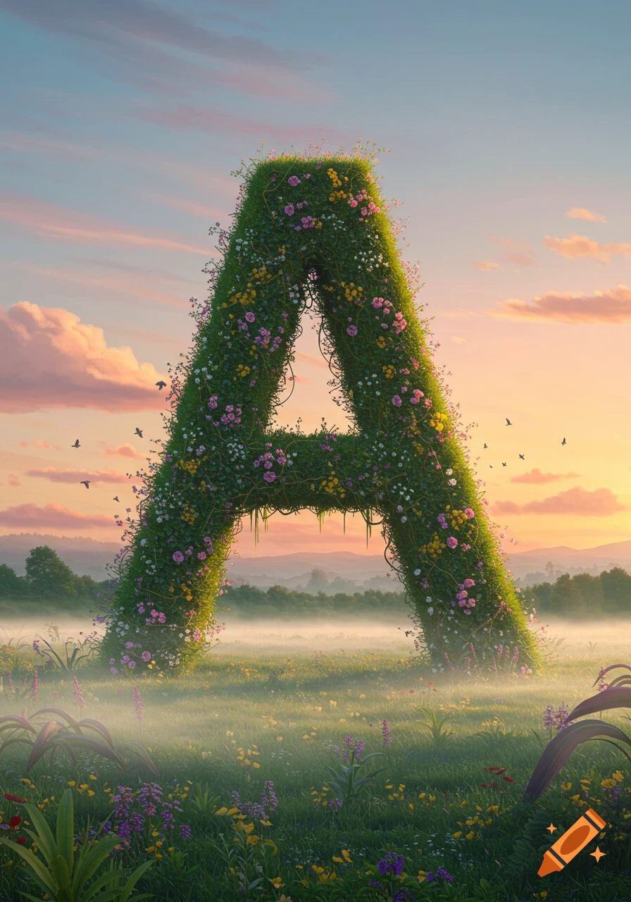 A giant letter A made of green grass and colorful flowers stands in a misty field at sunset with birds flying.