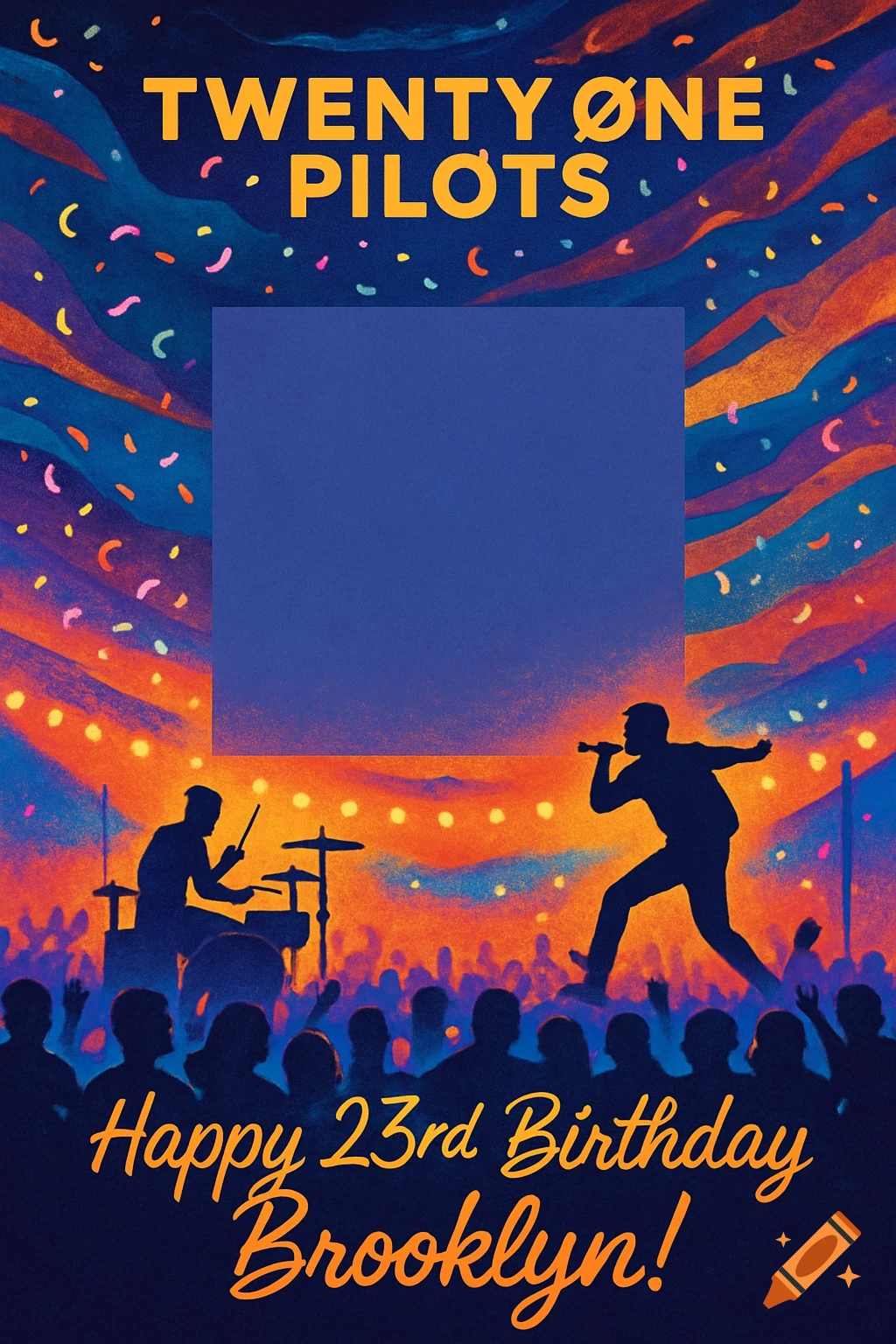 Vibrant digital birthday poster for Brooklyn, with Twenty One Pilots silhouettes performing, a crowd, confetti, festive lights, a photo placeholder, and 'Happy 23rd Birthday Brooklyn!' text.