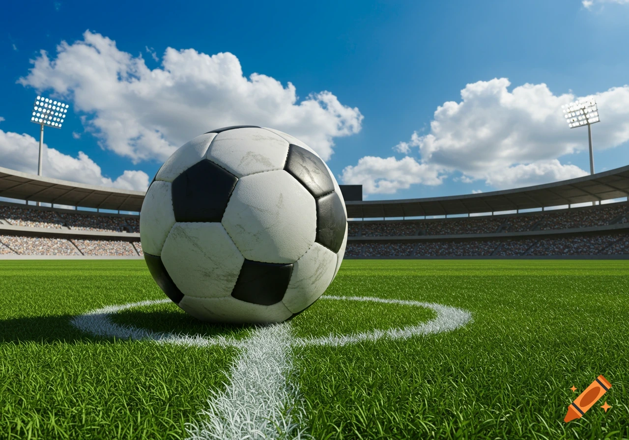 Photorealistic close-up of a soccer ball on a green grass field in a large stadium under a blue sky with clouds.