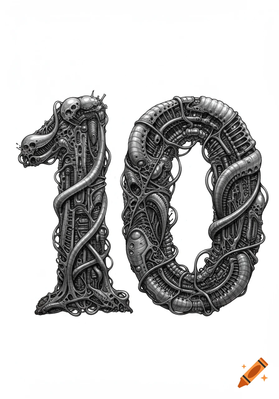 The number 10 in a detailed H.R. Giger-inspired biomechanical art style, featuring organic and metallic elements.