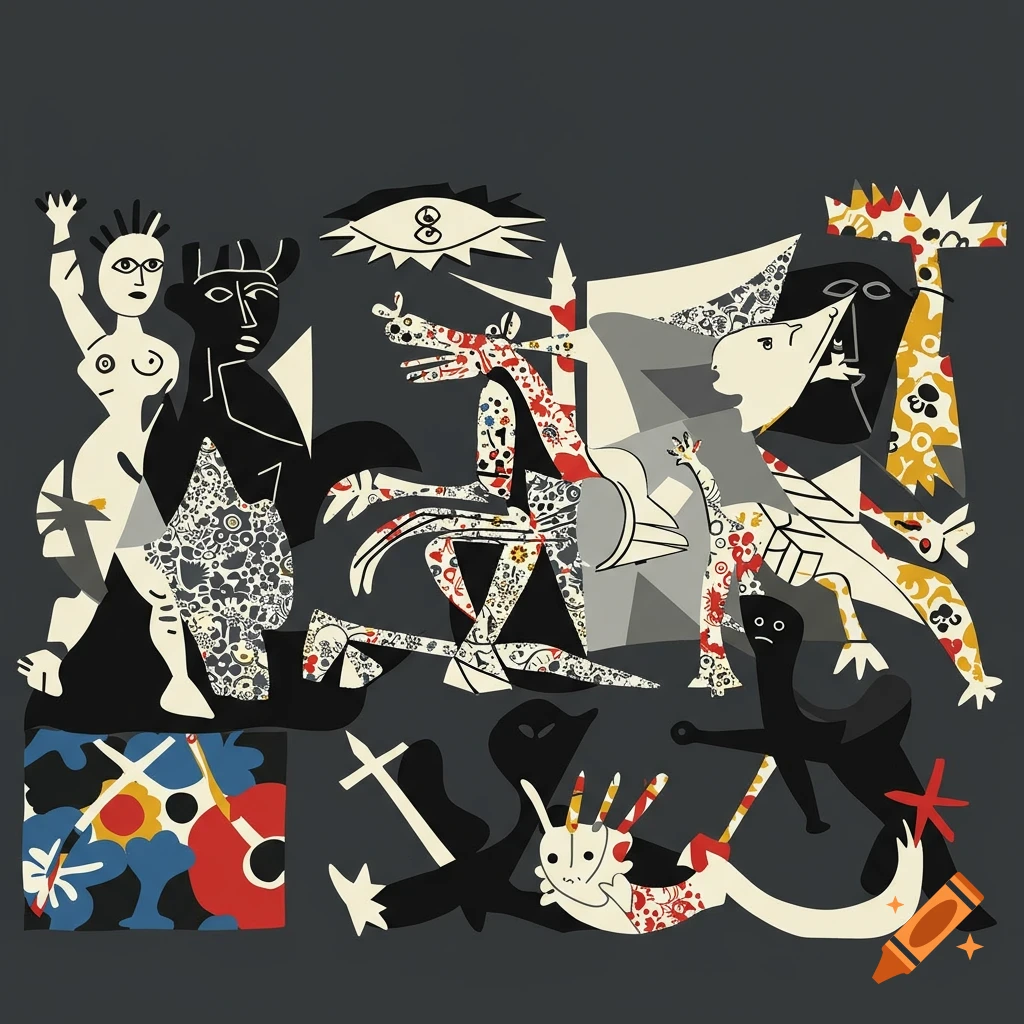 Abstract cubist art with stylized figures and bold patterns, inspired by Guernica and Marimekko, on a dark gray background.