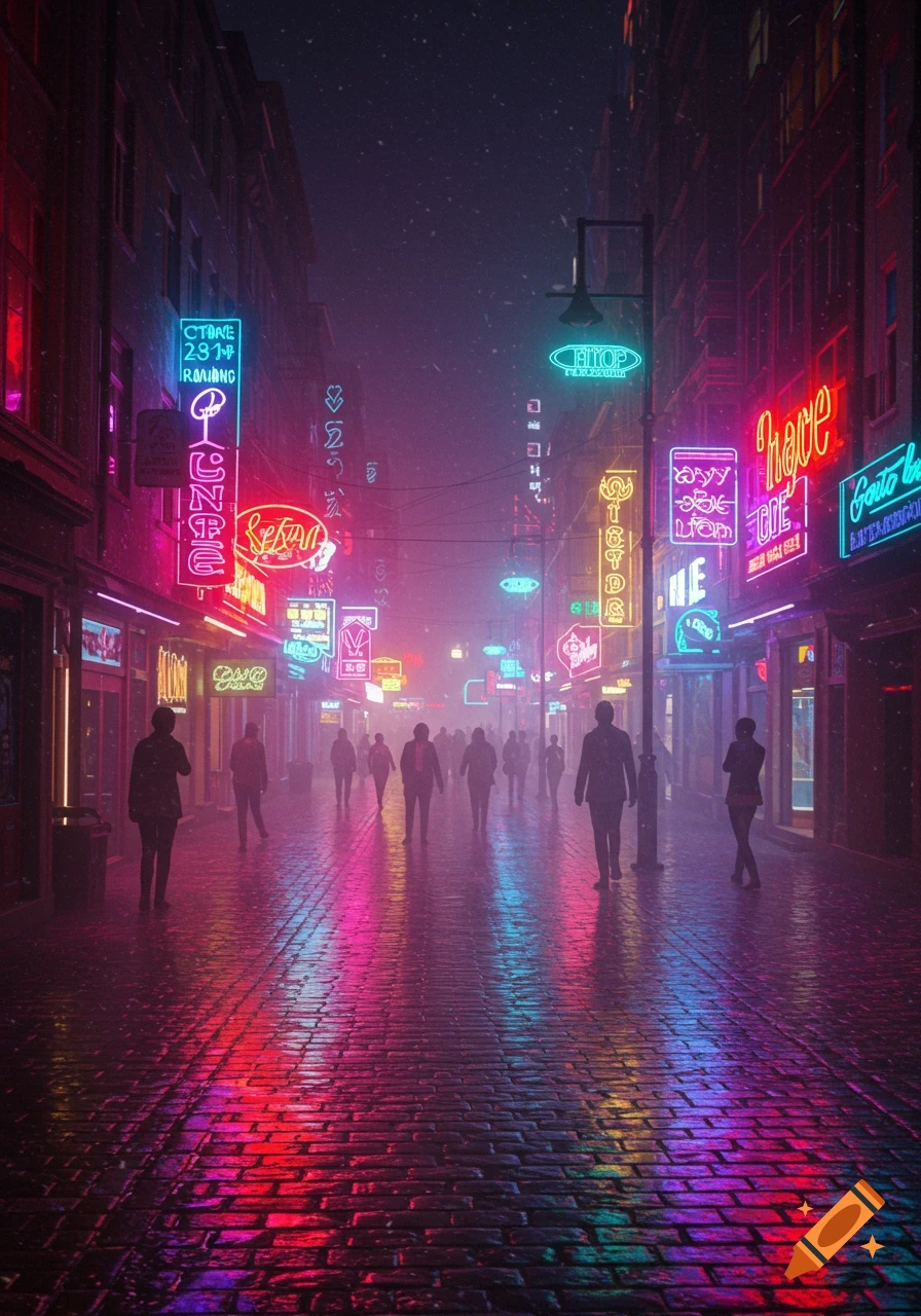 A bustling cyberpunk-style street at night, illuminated by numerous vibrant, colorful neon signs reflecting on the wet cobblestone ground as people walk.