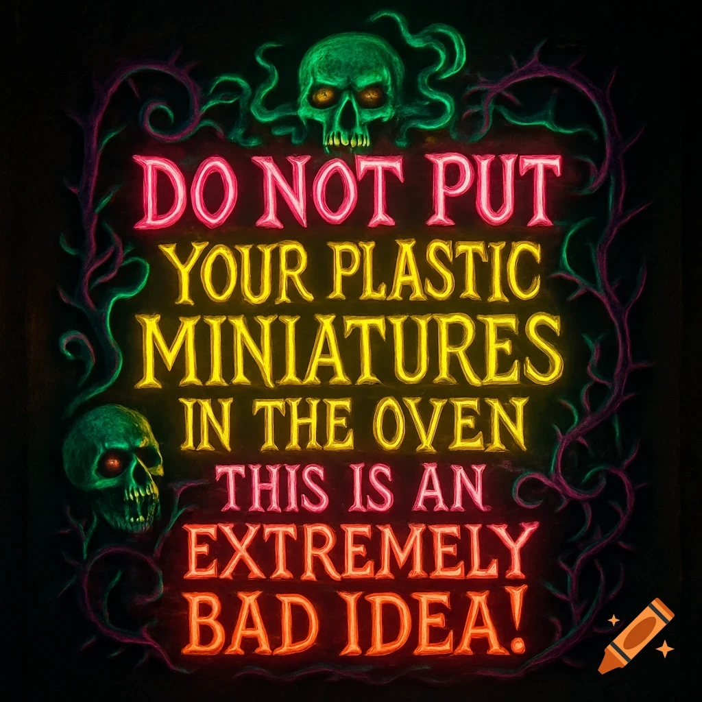 A neon grimdark style sign with glowing pink and yellow text, green skulls, and thorny vines warning: 'DO NOT PUT YOUR PLASTIC MINIATURES IN THE OVEN THIS IS AN EXTREMELY BAD IDEA!'