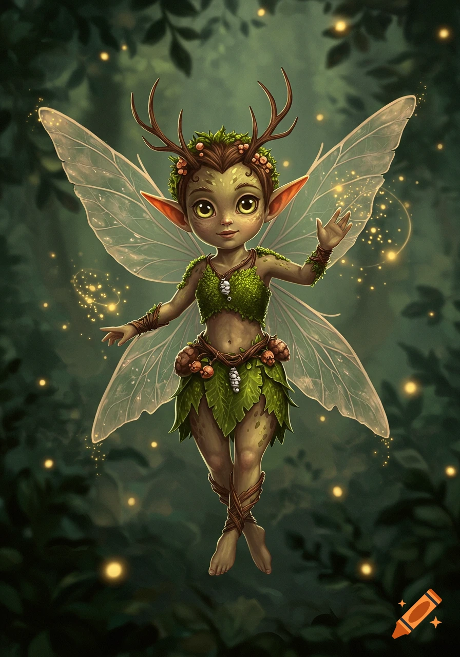 A cute, small fairy with deer antlers and translucent wings floats in a mystical forest, adorned with leaves and berries.