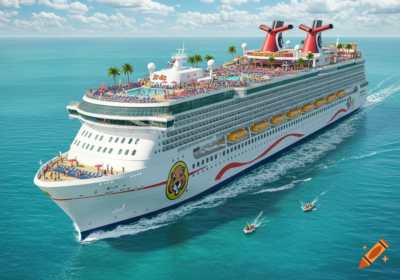 An aerial view of a large, cartoon-like cruise ship, emblazoned with a Buc-ee's beaver logo, sailing on turquoise waters under a cloudy sky.