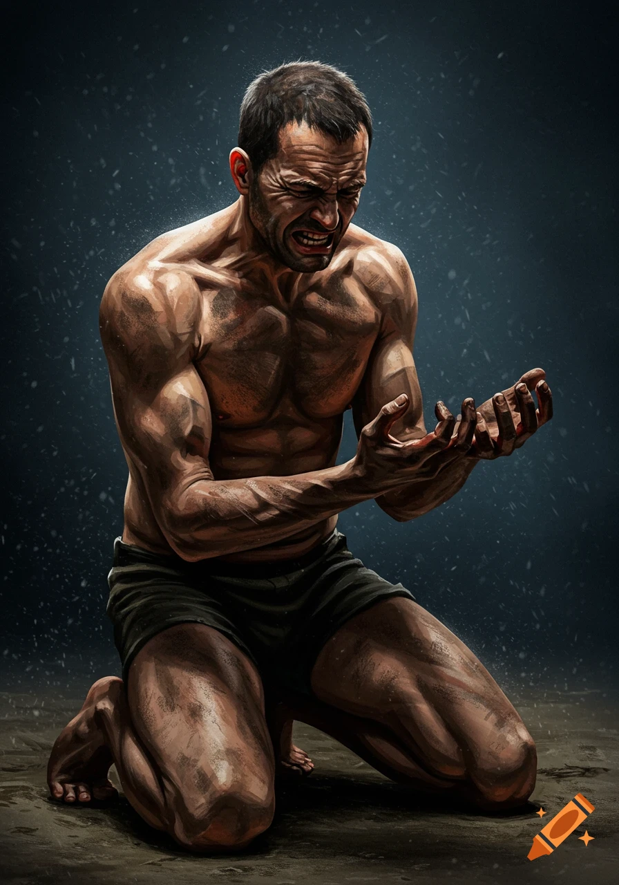 A muscular, shirtless man kneels, looking distressed at his dirty, upturned hands against a dark background in a dramatic illustration.