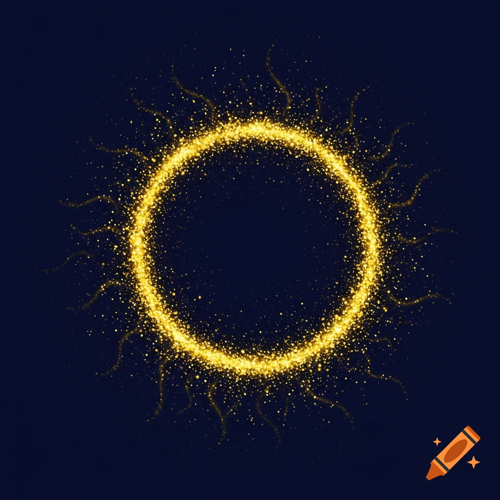 A shimmering gold glitter circle with scattered particles radiating outwards on a dark blue background.