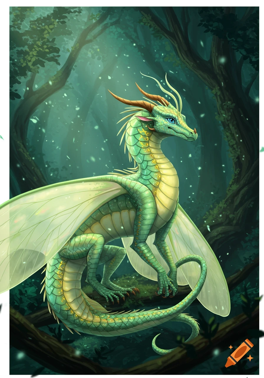 A vibrant green and yellow SilkWing dragon with translucent wings and blue eyes sits on a branch in a magical forest.
