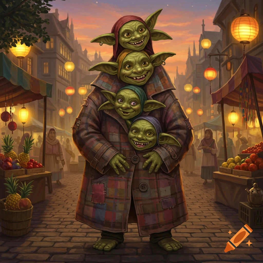 Stylized fantasy illustration of a large goblin in a trenchcoat carrying three smaller goblins at a bustling market street at dusk.