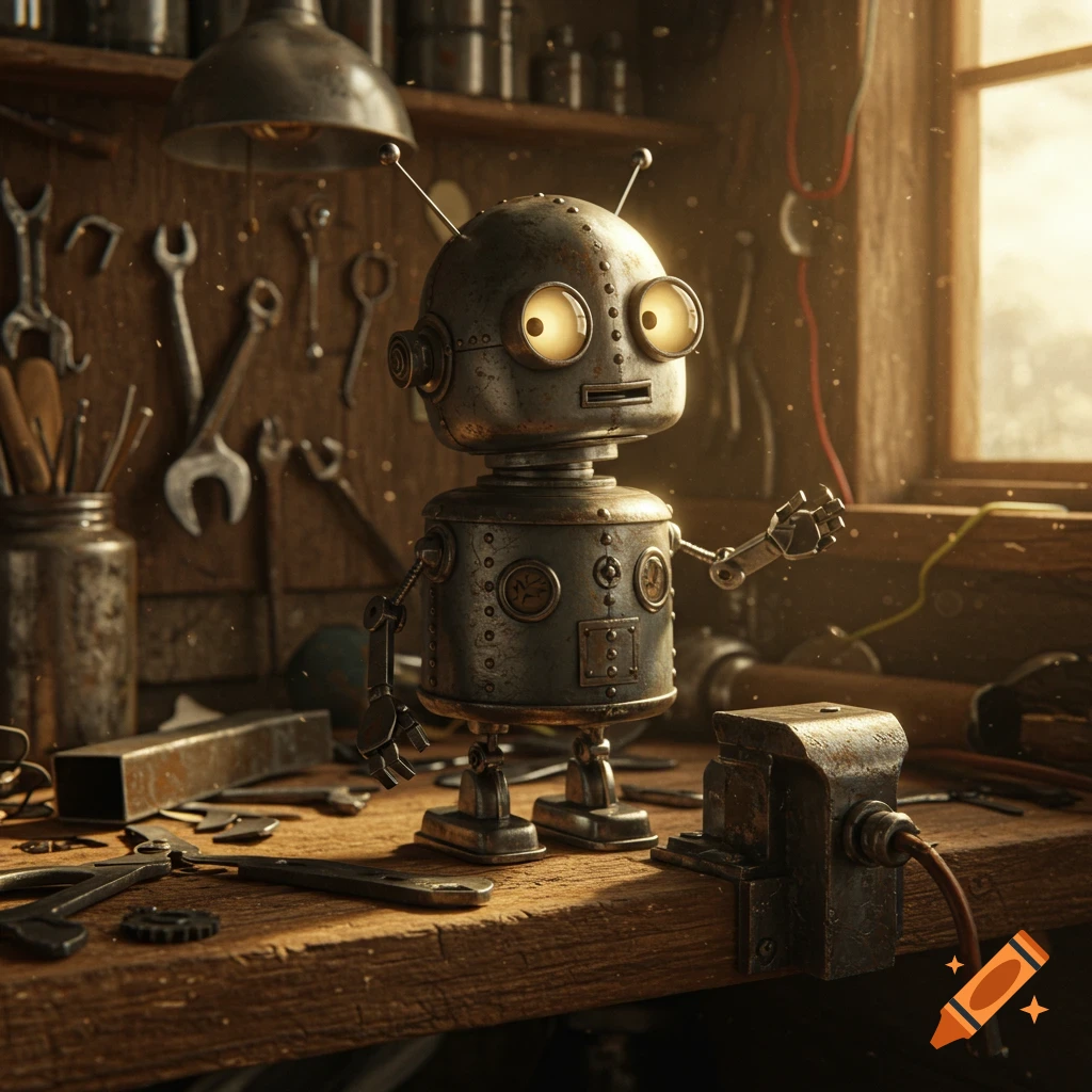 A small, rusty vintage robot with glowing eyes stands on a cluttered wooden workbench in a sunlit workshop, surrounded by tools.