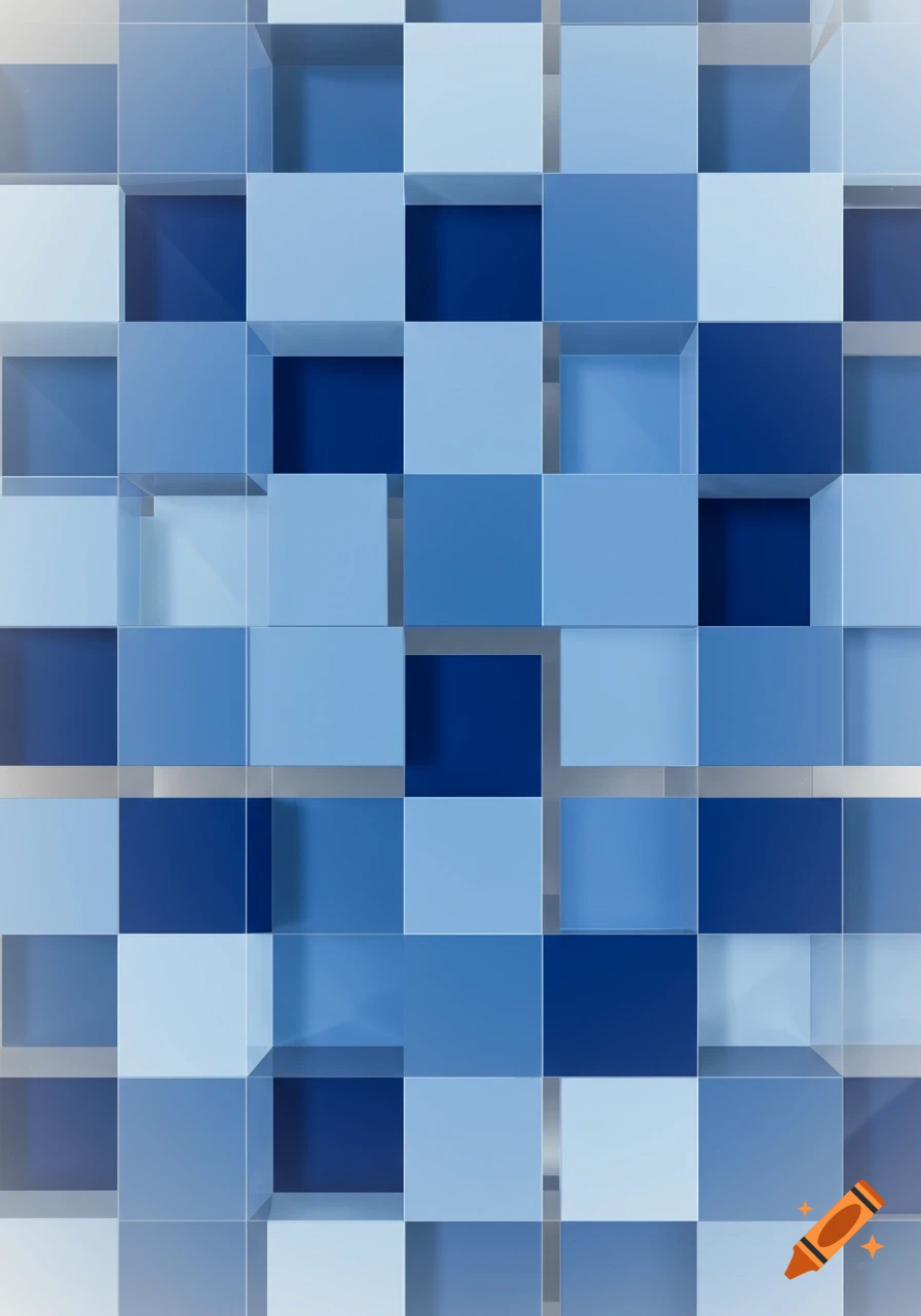 An abstract pattern of blue squares, some recessed, creating a 3D grid effect.