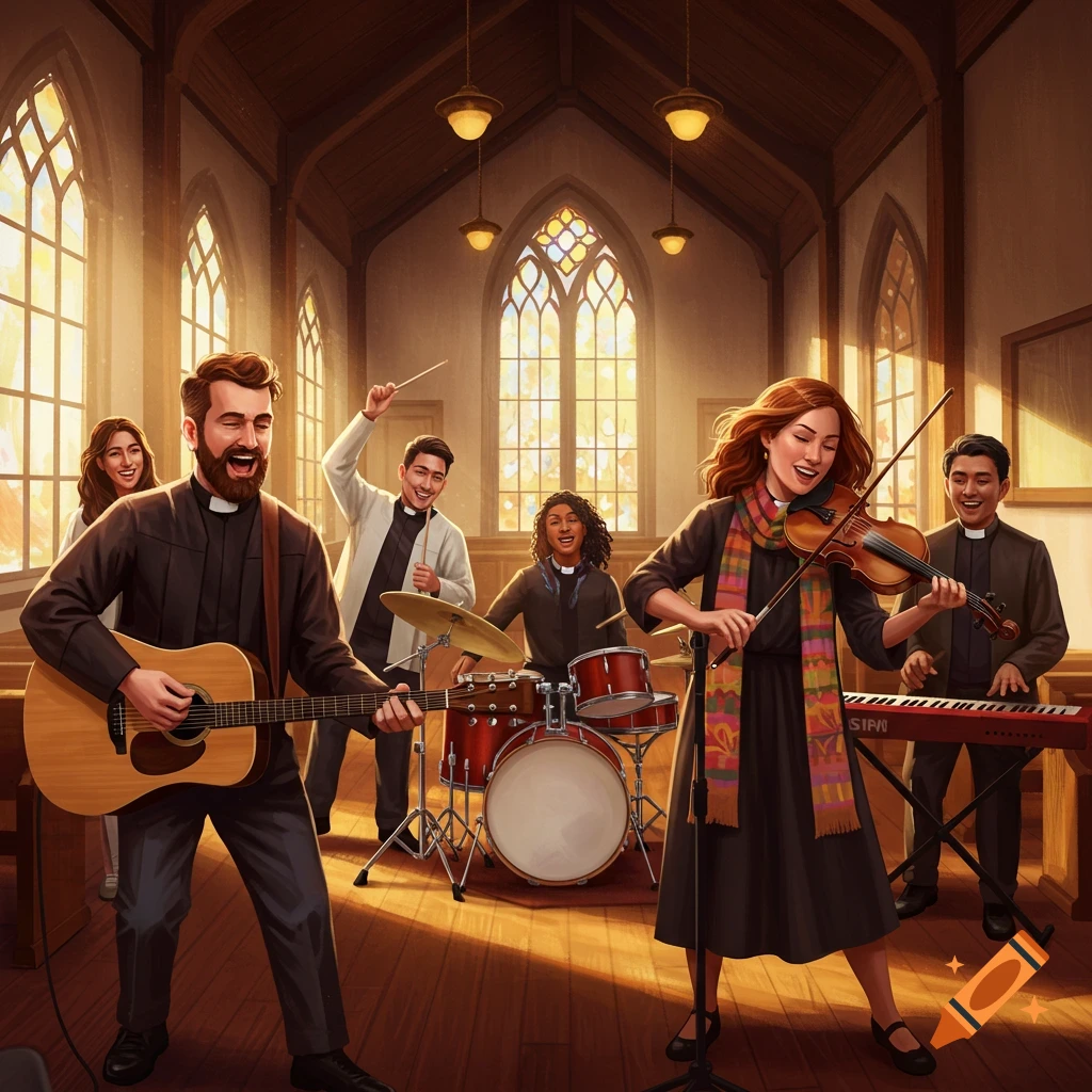 A diverse band of men and women pastors play guitar, violin, drums, and keyboard in a sunlit church.