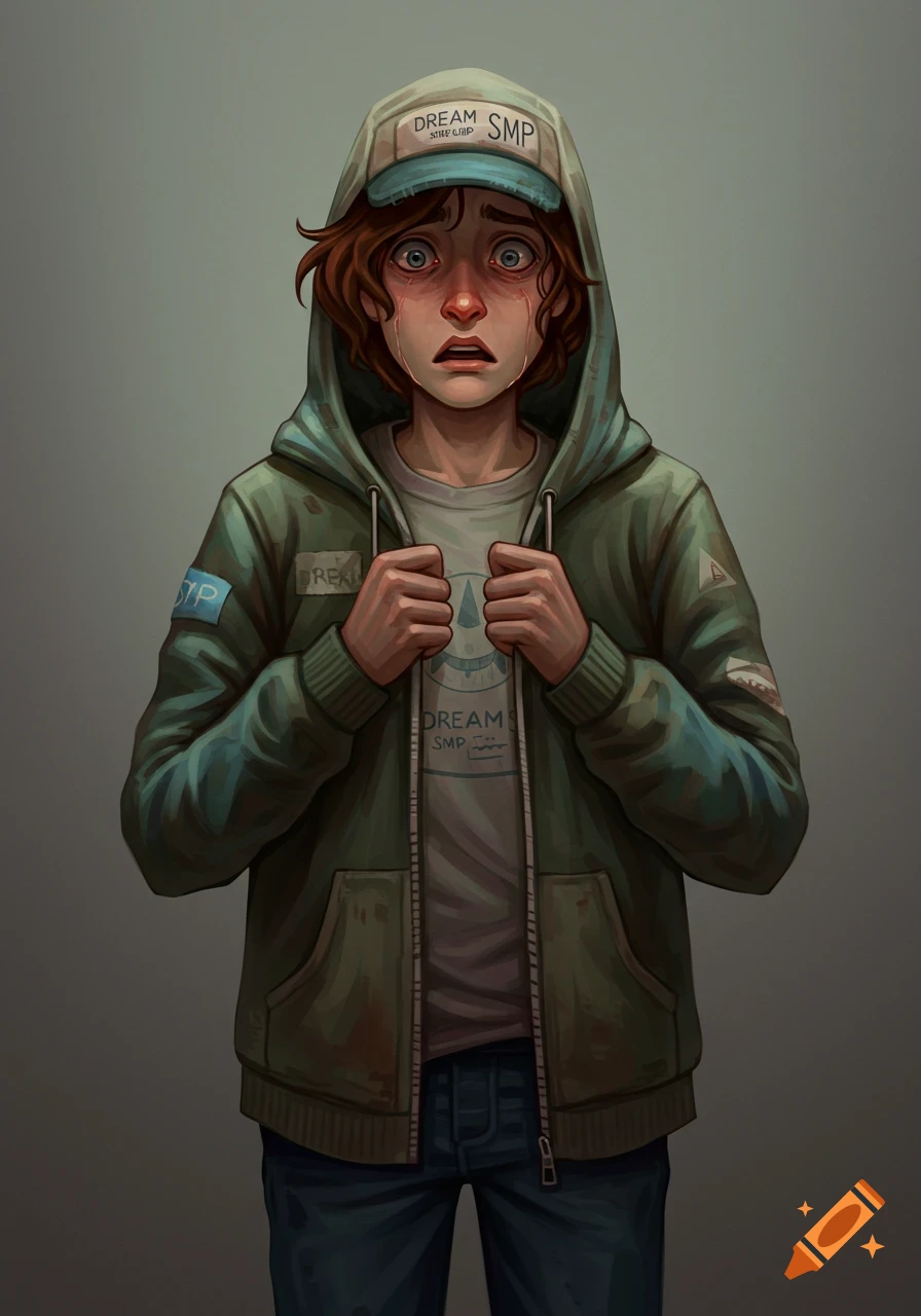 An illustrated person in a green hoodie and baseball cap, gripping their hoodie, with wide, panicked, teary eyes and a shocked expression.