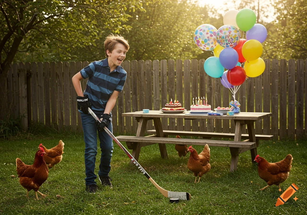 A laughing boy holding a hockey stick in a grassy backyard with chickens, birthday cakes, and balloons. Photorealistic.