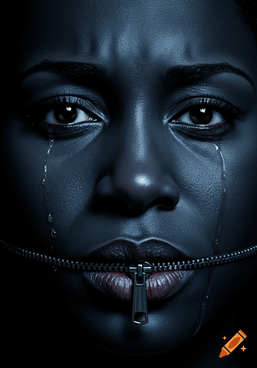 Photorealistic close-up of a person's face with a zipper sealing their mouth, tears on their cheeks, conveying silent emotion.