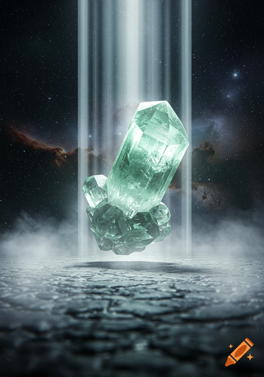A large, glowing green crystal floats above a misty ground, illuminated by a light beam, against a dark starry cosmic background.