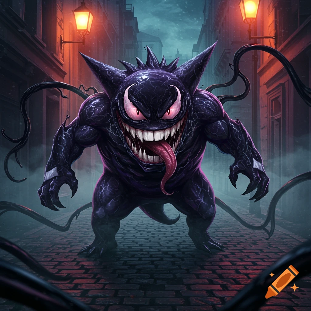 A menacing Gengar-Venom fusion with sharp teeth and glowing eyes stands in a dark, foggy cobblestone alley.