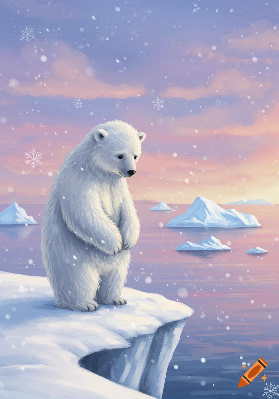 A sad polar bear stands on a snowy cliff overlooking a pink and purple ocean with icebergs under falling snowflakes.