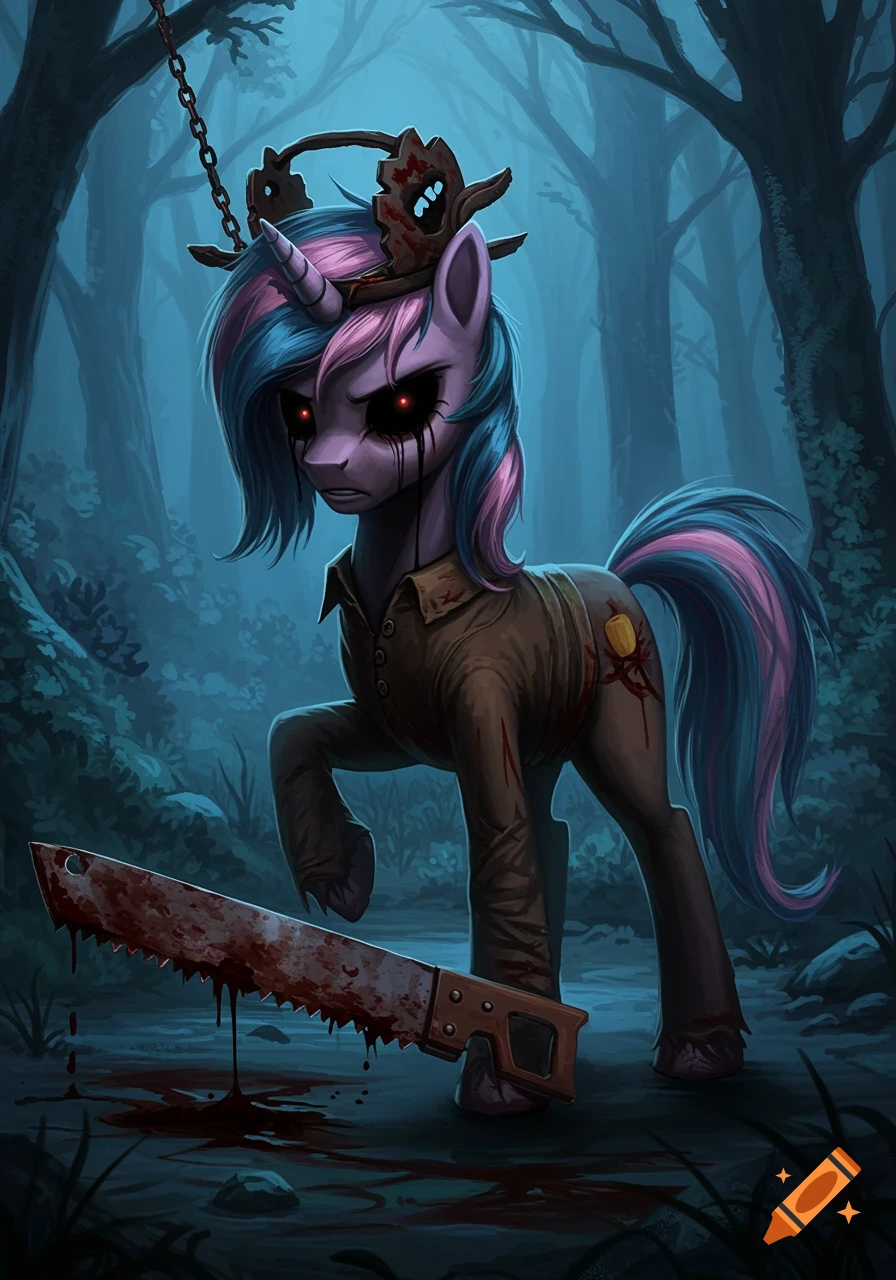 Dark art of a demonic unicorn pony with red eyes, a bloody handsaw, and a bear trap on its head, in a misty forest.