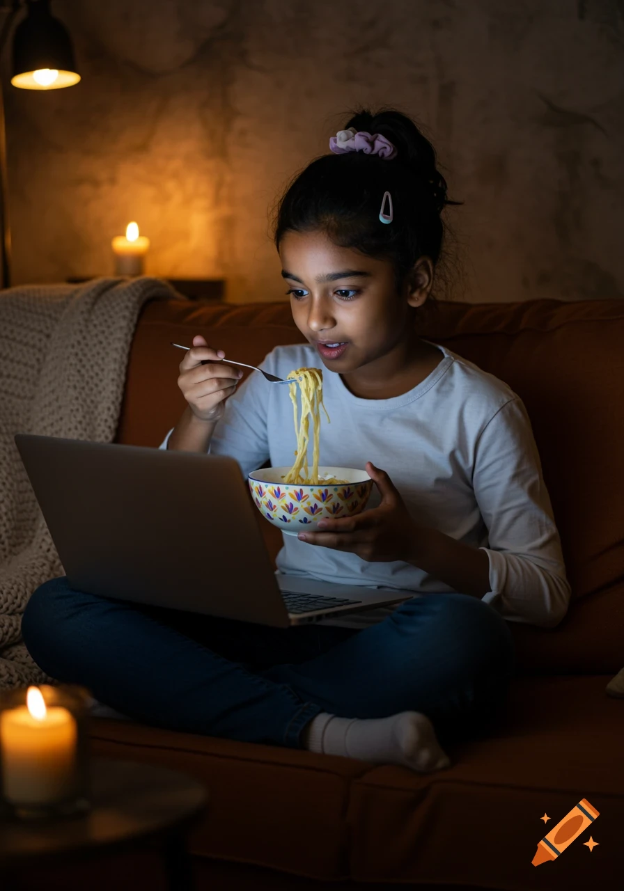 A young girl sits on a couch, illuminated by a laptop, eating noodles from a patterned bowl in a dimly lit room.
