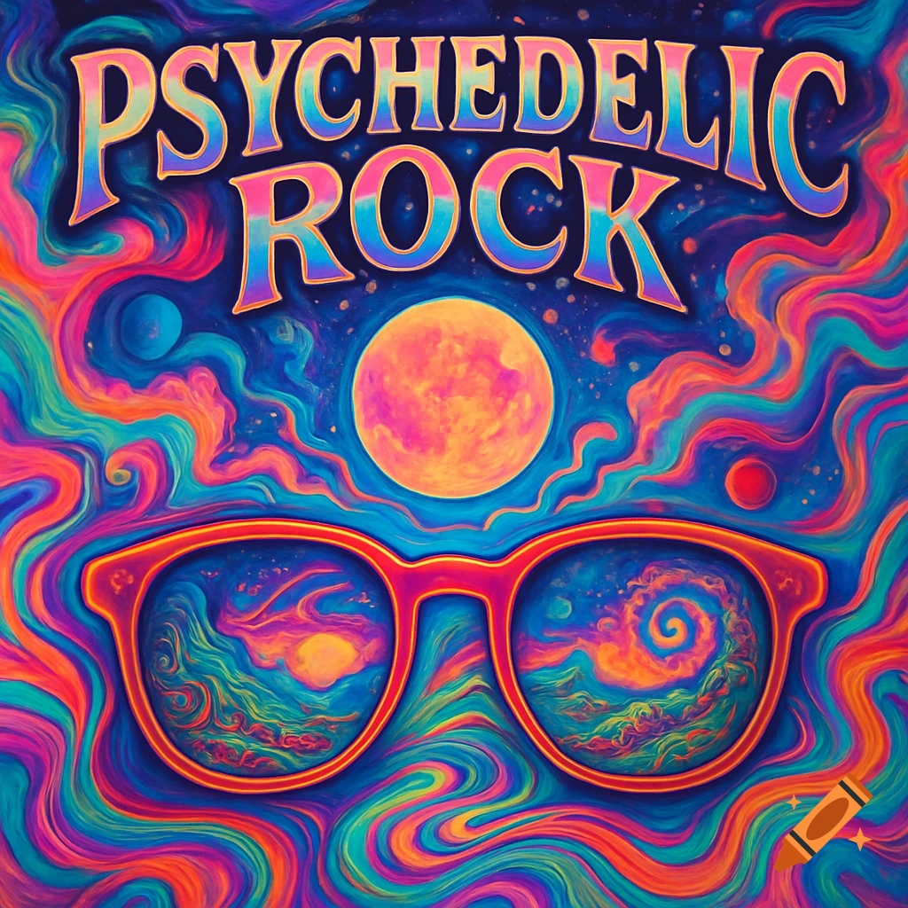 A vibrant psychedelic album cover with 'PSYCHEDELIC ROCK' text, a bright moon, and sunglasses reflecting swirling colorful landscapes.