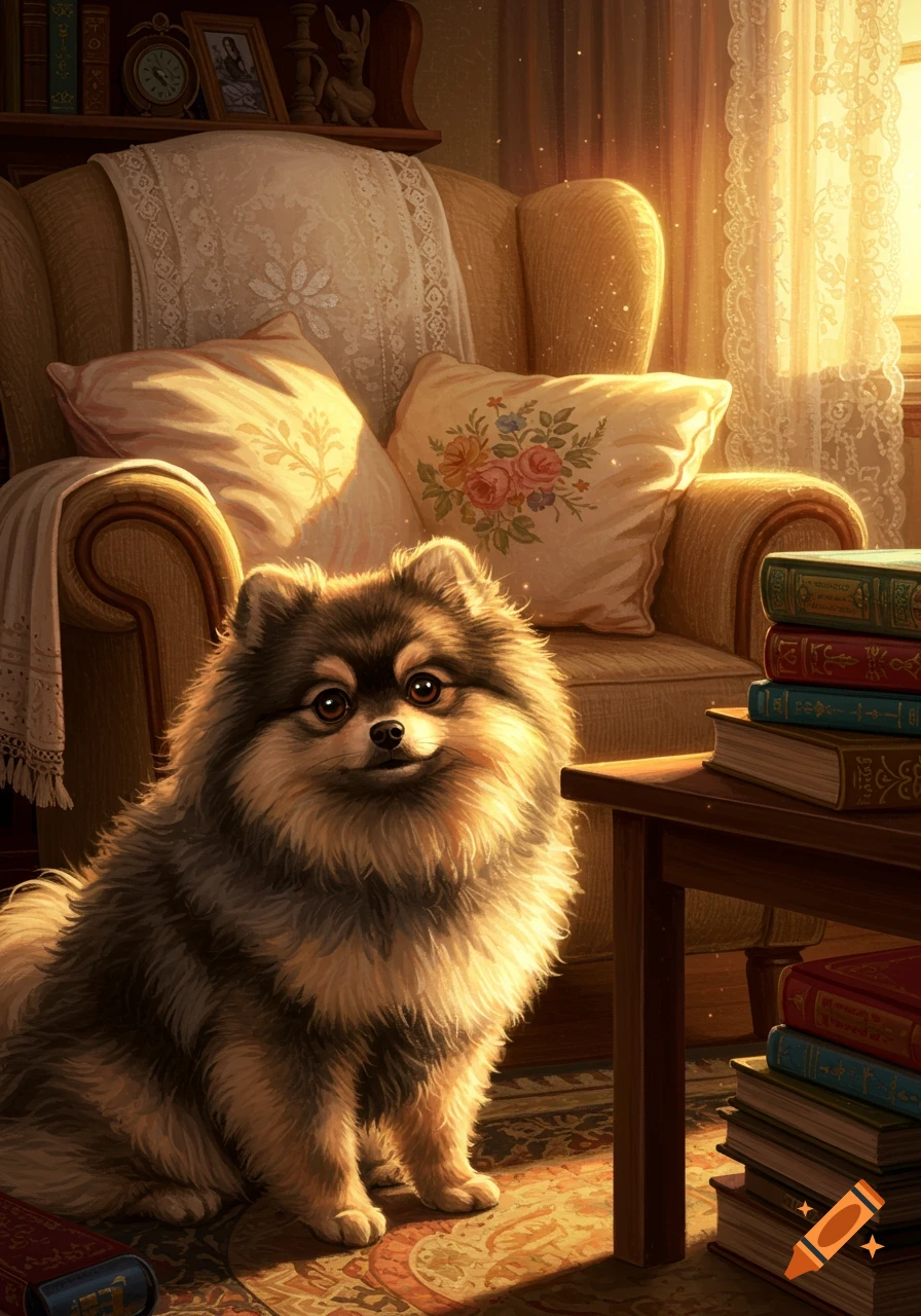 A fluffy Pomeranian dog sits on a rug in a sunlit, cozy room with an armchair and stacks of books.