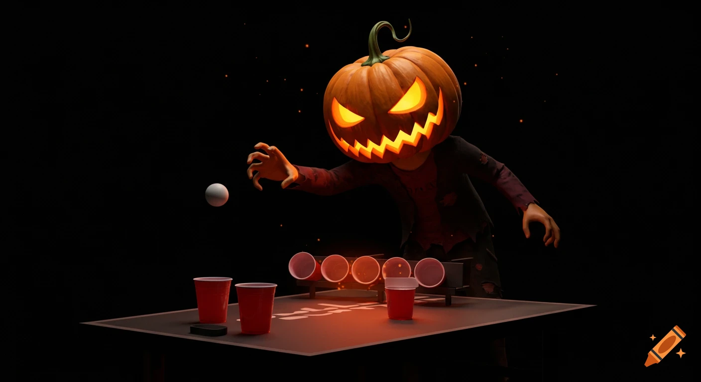 A pumpkin-headed character with glowing eyes playing beer pong on a dark table with red cups, in a 3D Halloween party scene.