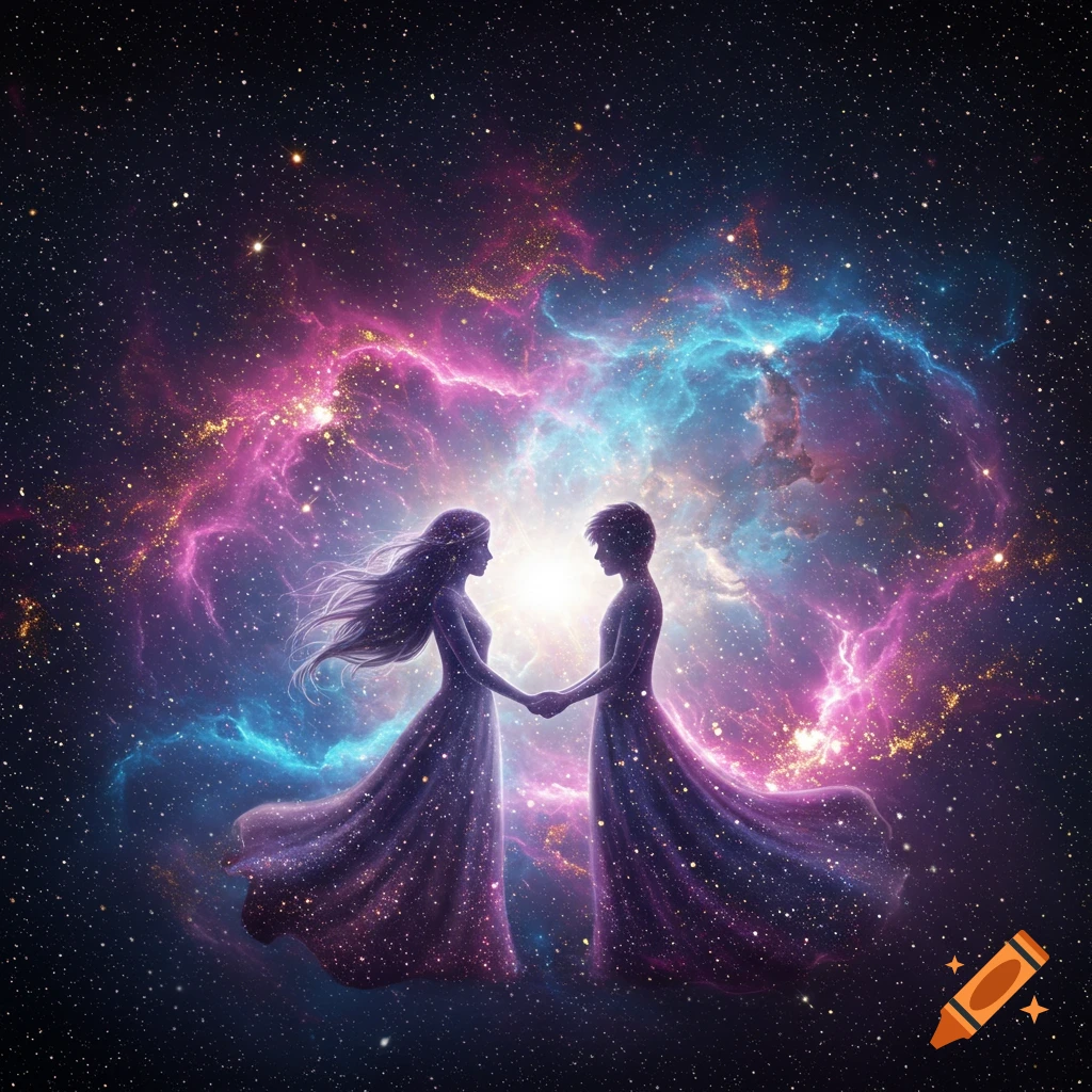 Two ethereal figures in flowing, star-dusted gowns hold hands against a vibrant cosmic nebula and starry background.